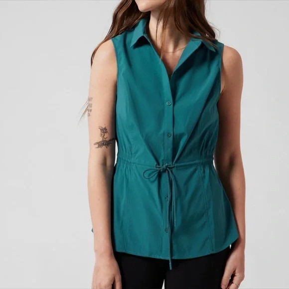 ATHLETA Levitate Poplin Button Up Tank Borealis Green ~ Size XS