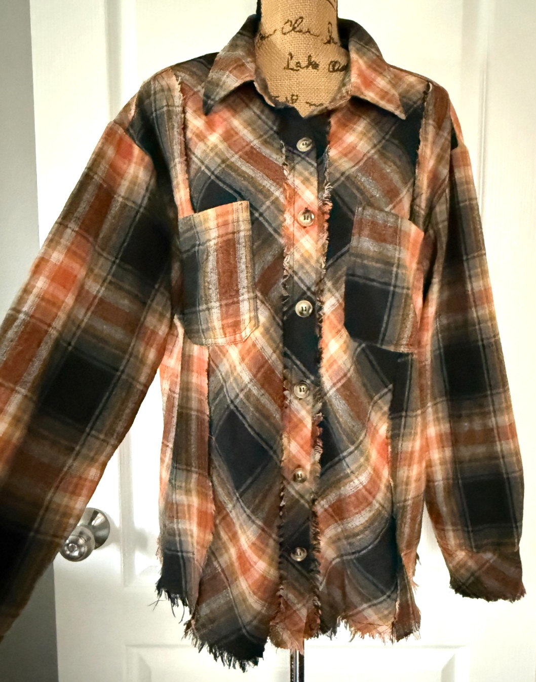 Umgee Button Up Long Sleeve Flannel Brown Plaid Distressed Fringe Boho XL
