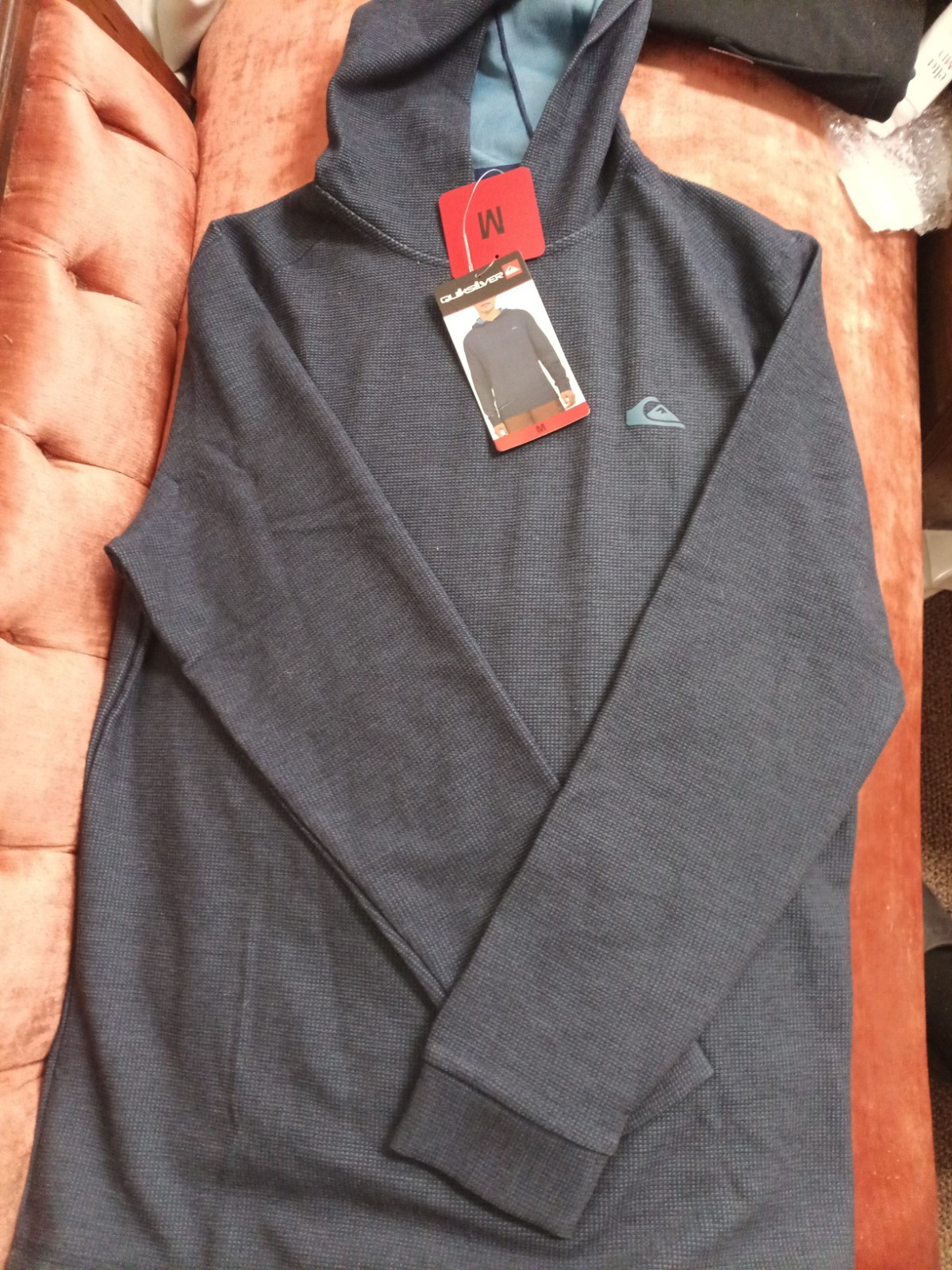 QUIKSILVER Men Textured Hoodie Pullover Hooded Shirt DRYFLIGHT BLUE MEDIUM Waffl