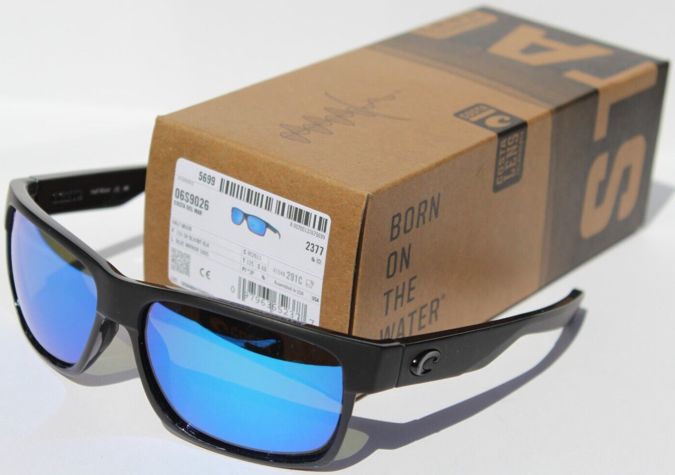 COSTA DEL MAR Half Moon 580G POLARIZED Sunglasses Black/Blue Mirror 580 NEW