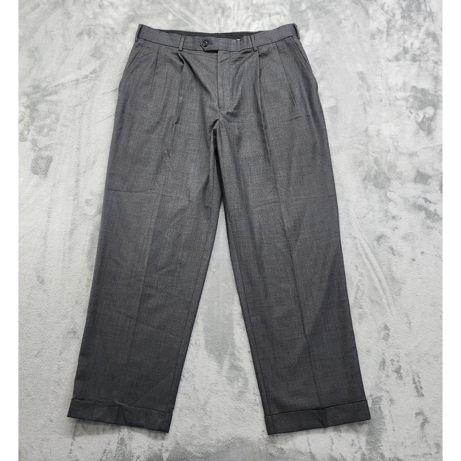 Perry Ellis Portfolio Dress Pants Mens 38/30 Gray Pleated Cuffed Polyester Rayon