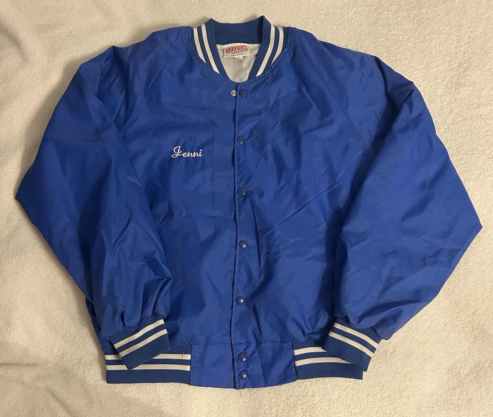 Vintage Hartwell Satin Cheerleading Bomber Jacket Large Blue Made USA Snap