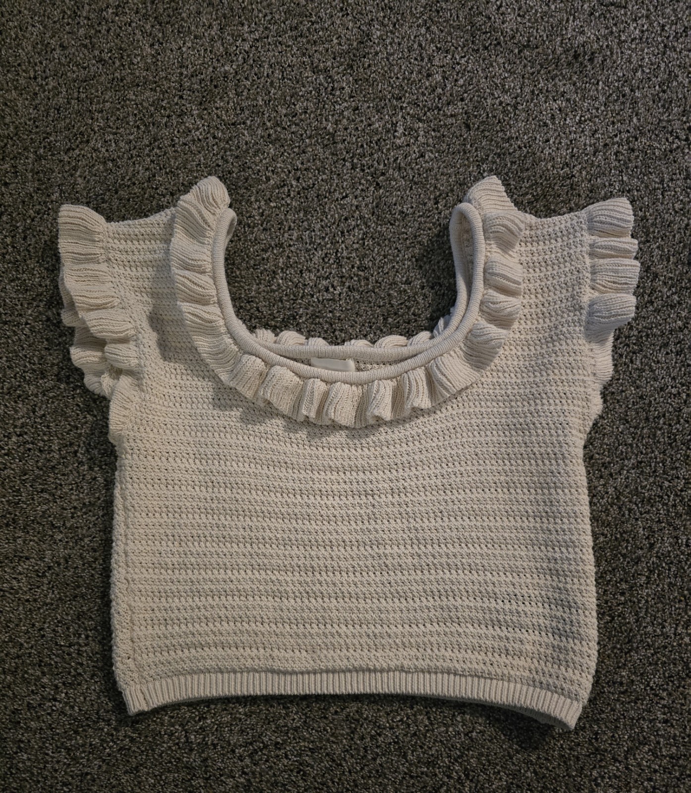 H&M Cream Flounce Crochet Knit Crop Top Flutter Sleeve Boho Cottagecore Sz L EUC
