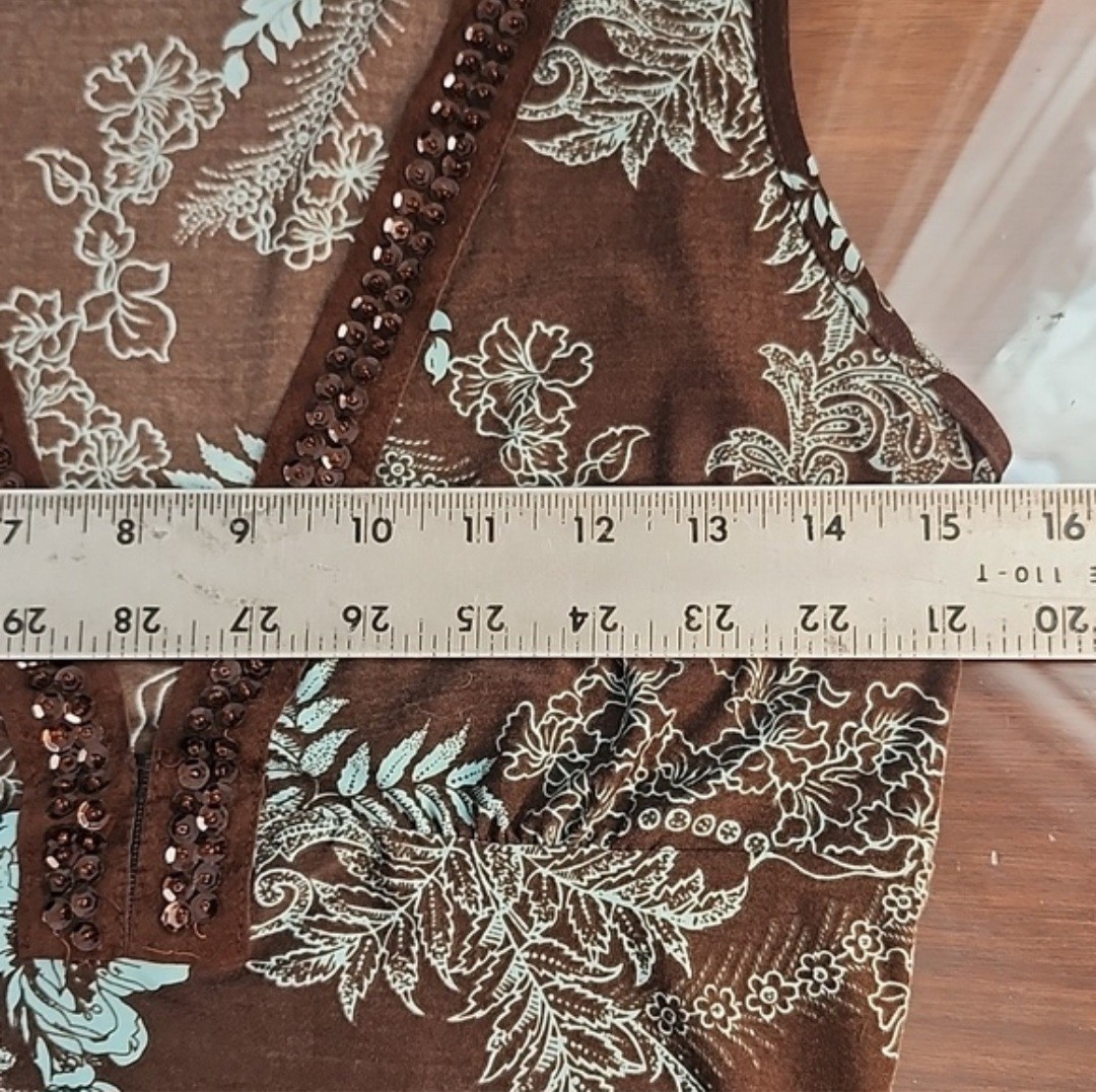 Vtg Rampage Top Juniors M Deep V Neck Brown Print With Sequins At Neck M