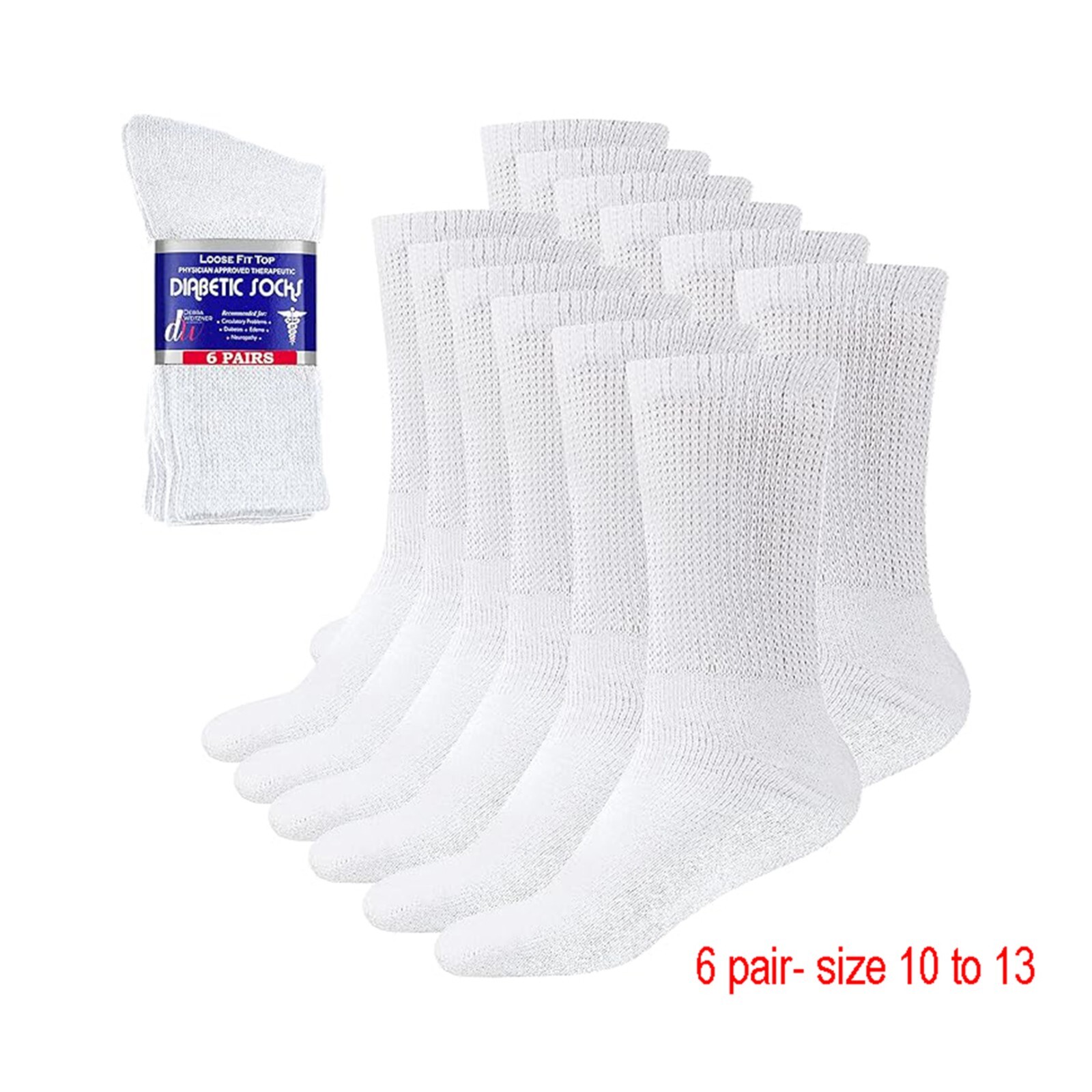 Weitzner Mens White Diabetic Crew Mid Socks Loose Fit Top 6 Pair 10-13