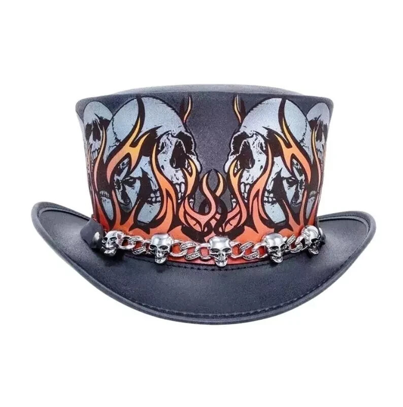 Leather Top Hat Steampunk Skull Printed Skull Band El Dorado Leather Top Hat