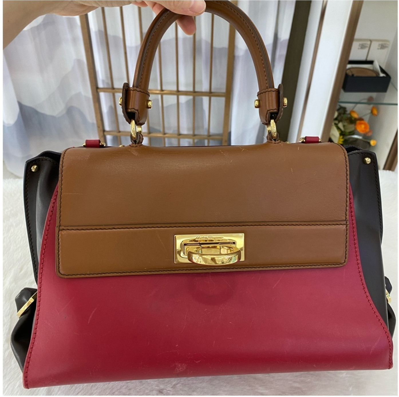Authentic Salvatore Ferragamo Sofia Smooth Leather Top Handle Bag Brown, Red,