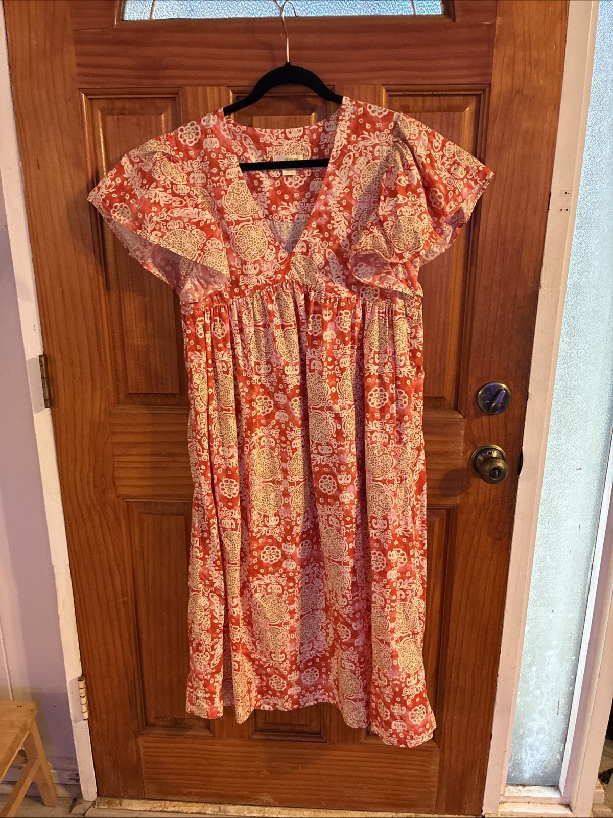 Maeve Babydoll Flutter Sleeve Printed Midi Dress Sz M Boho Chic Cottage Pockets