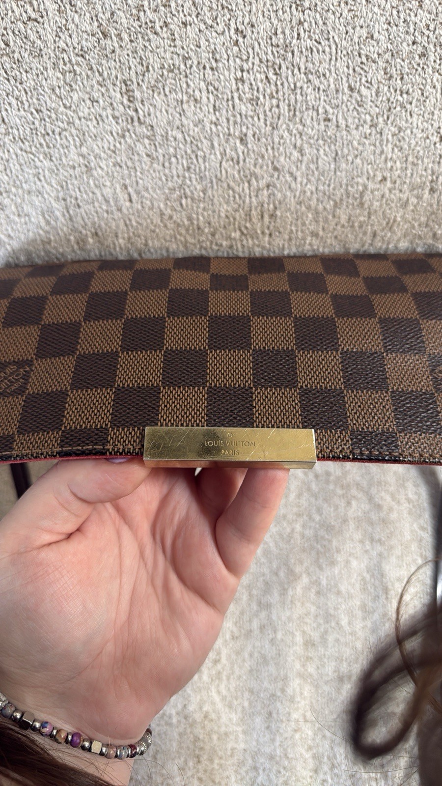Louis Vuitton Damier Ebene Favorite MM Crossbody Chain Strap Brown Gold Box
