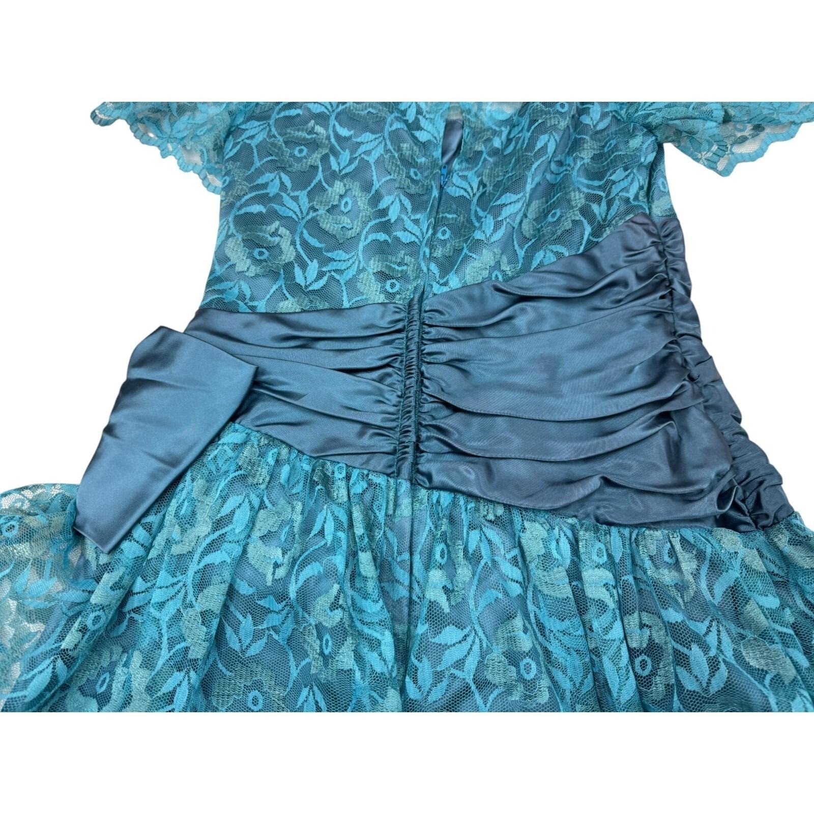 Vitnage 70s Teal Floral Lace Short Sleeve Midi Formal Prom Dress Sz 11/12