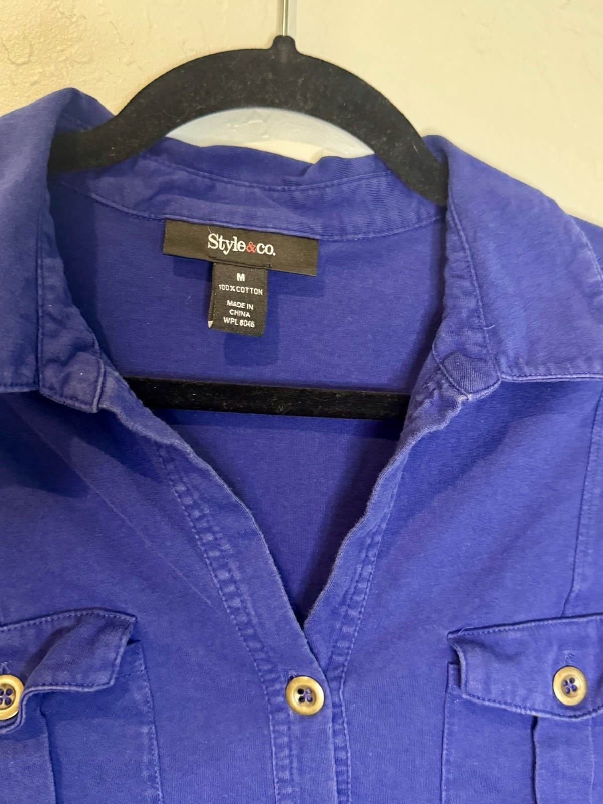 Style & Co. Women’s M Blue Solid Woven Cotton Collared Short Sleeve Button-Up