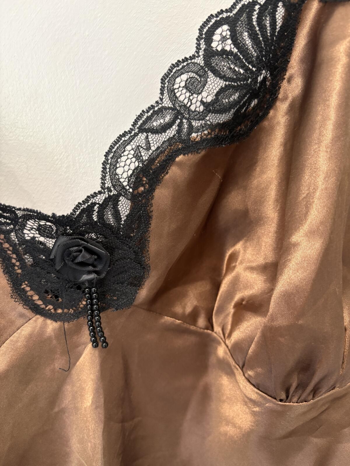 Cinema Etoile Brown Satin Lace Trim Camisole Slip P2P 19in