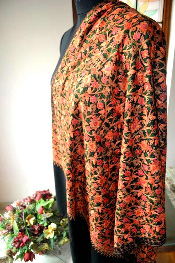 KASHMIRI BLACK CREWEL ALL EMBROIDERED FLORAL SILK PASHMINA STOLE