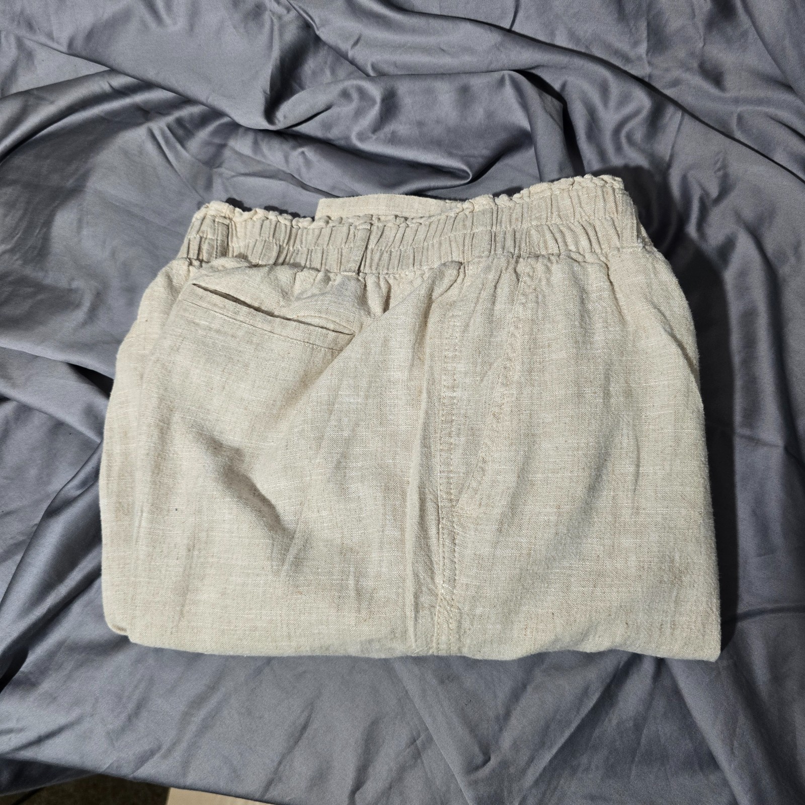 Women’s Linen Blend Pull-On Pants Off White Elastic Waist Wide Leg 28-30 x 30