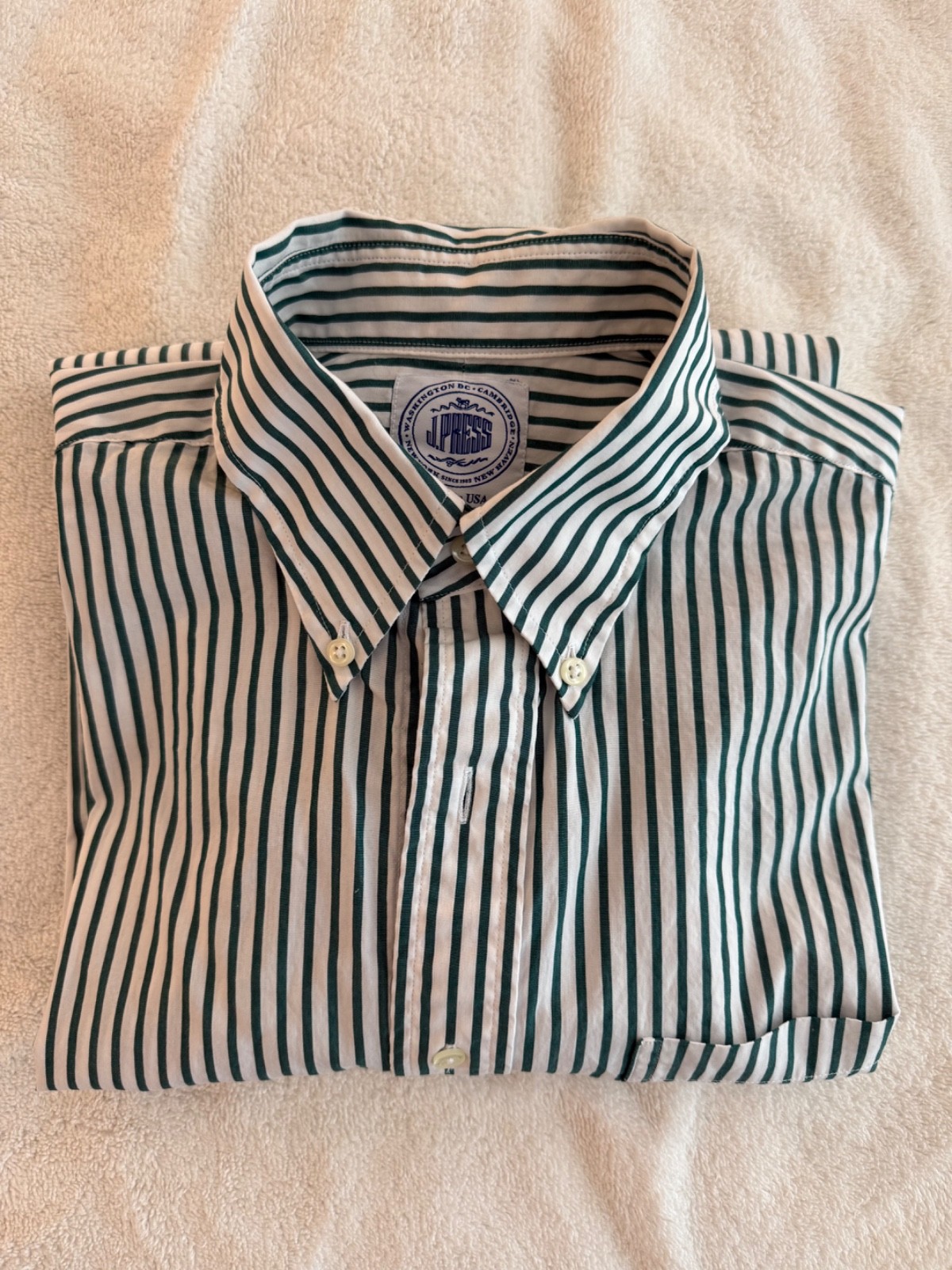 J Press – Worn Once – Hunter Green, Butcher Stripe Button Down Size 15 1/2 x 35