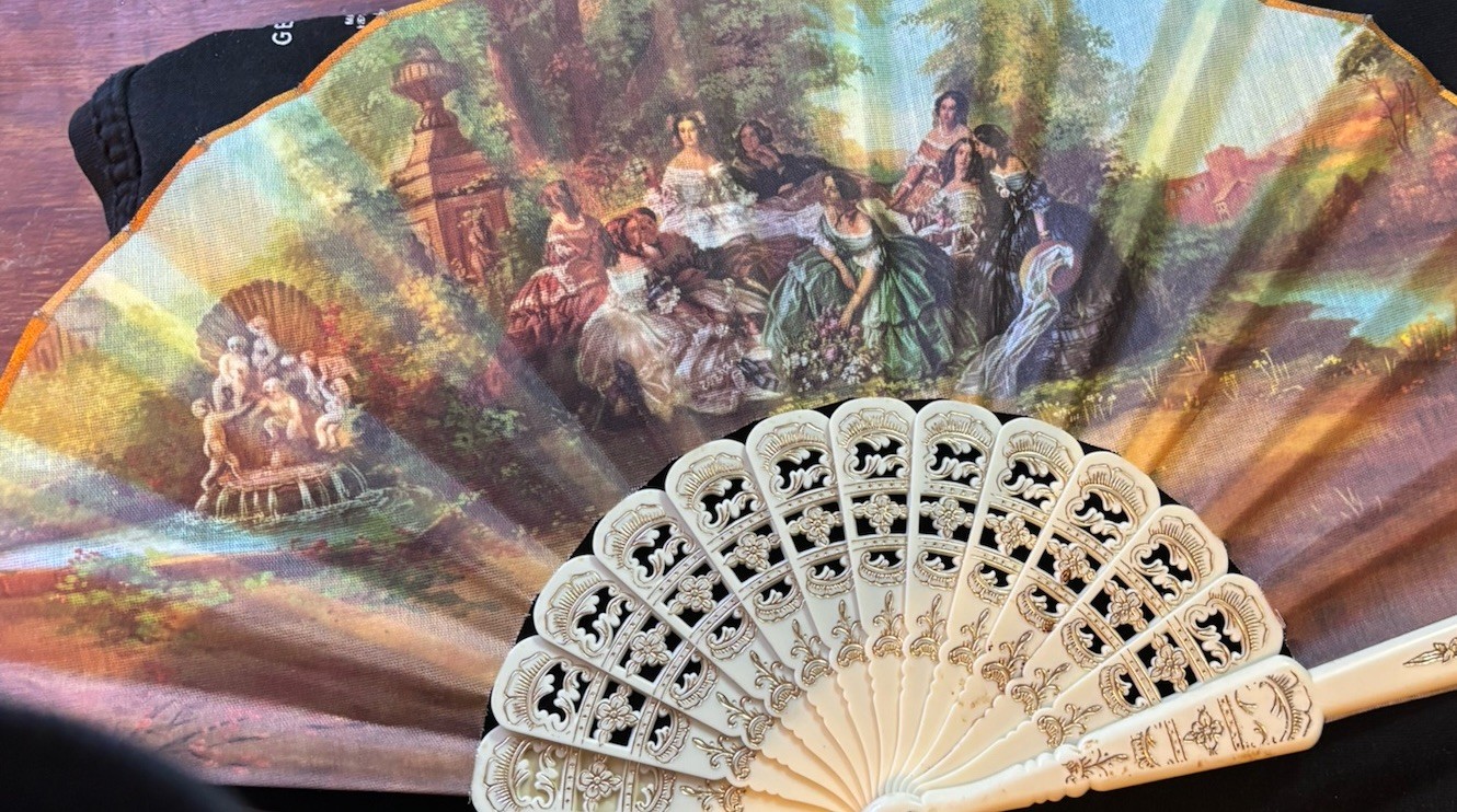 Victorian Multi-Color Hand Fan Ivory Fabric Plastic Formal Occasion