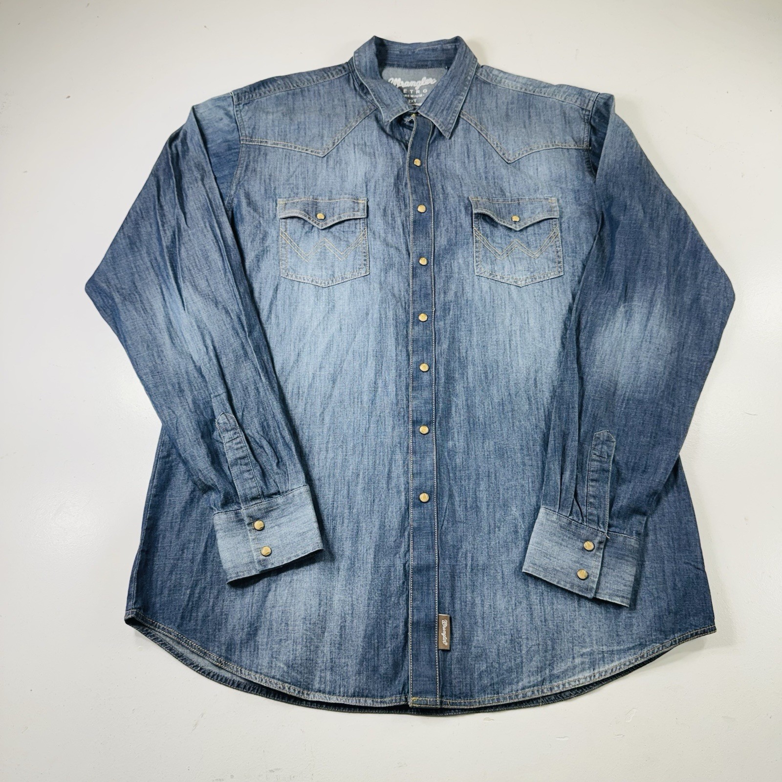 Wrangler Retro Denim Pearl Snap Western Shirt Blue Long Sleeve Men’s Size 2XLT