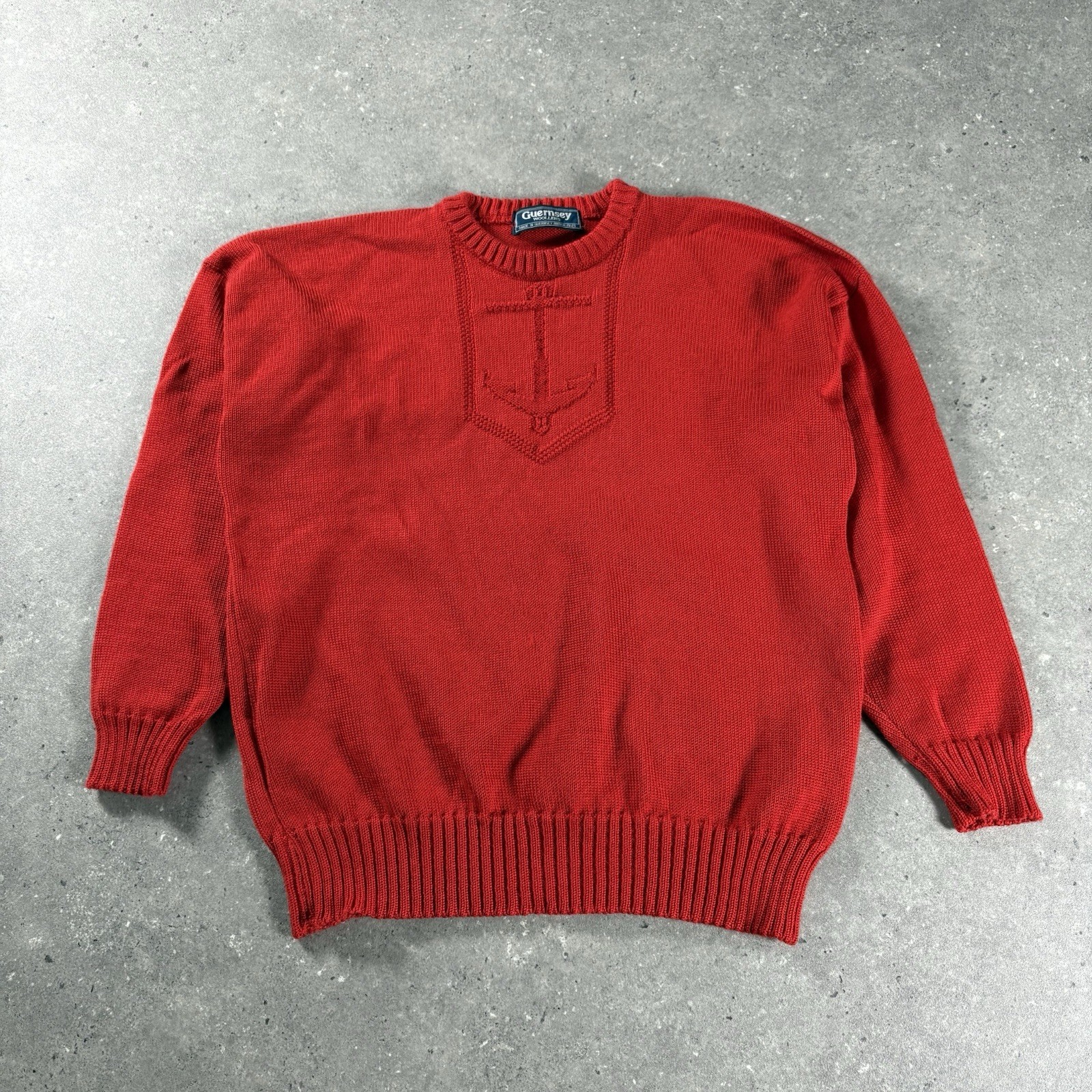 Guernsey Woollens Jumper Mens Medium Red Fisherman Anchor Wool Knit Sweater
