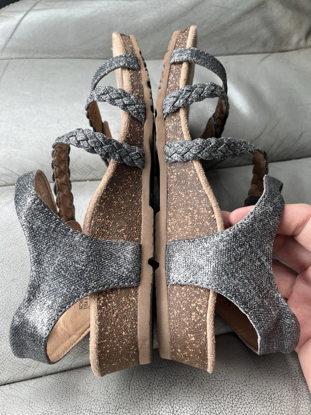 Aetrex Jillian Quarter Strap #SC365W Pewter fabric braided sandals size 8 / 38