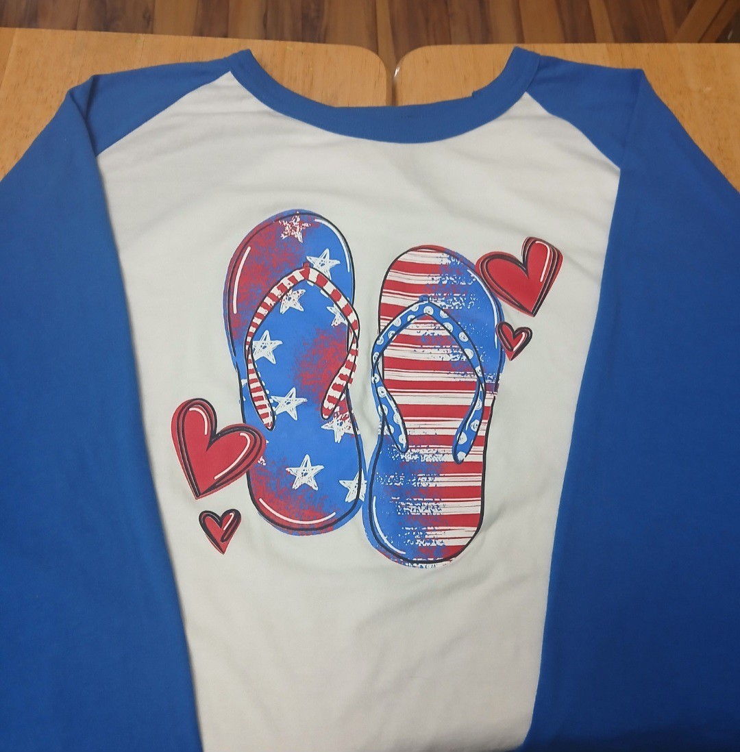 4XL Womans 3/4 Sleeve Tee Shirt Blue/White Beach Flop Flag Patriotic Jerzees