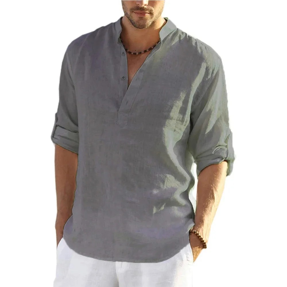 Men’s Cotton Linen Henley Long Sleeve Shirt Casual Beach T-shirt Tee Summer Gift