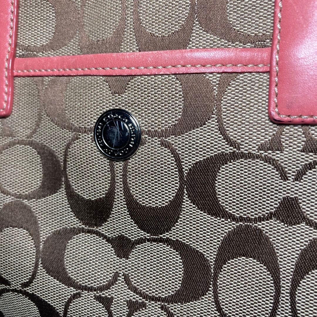 COACH Pink Brown Canvas Leather Tote Bag Logo Inner Pockets 11.8×12.6 in