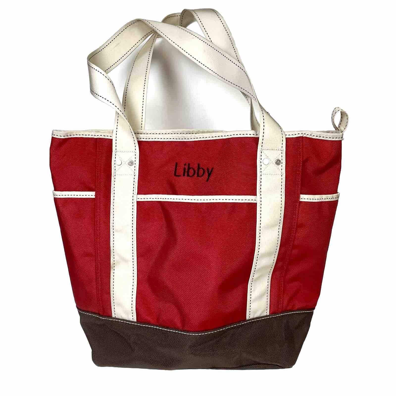 Lands End Tote Open Top Canvas Nylon Pockets Red Cream Brown Monogram Libby