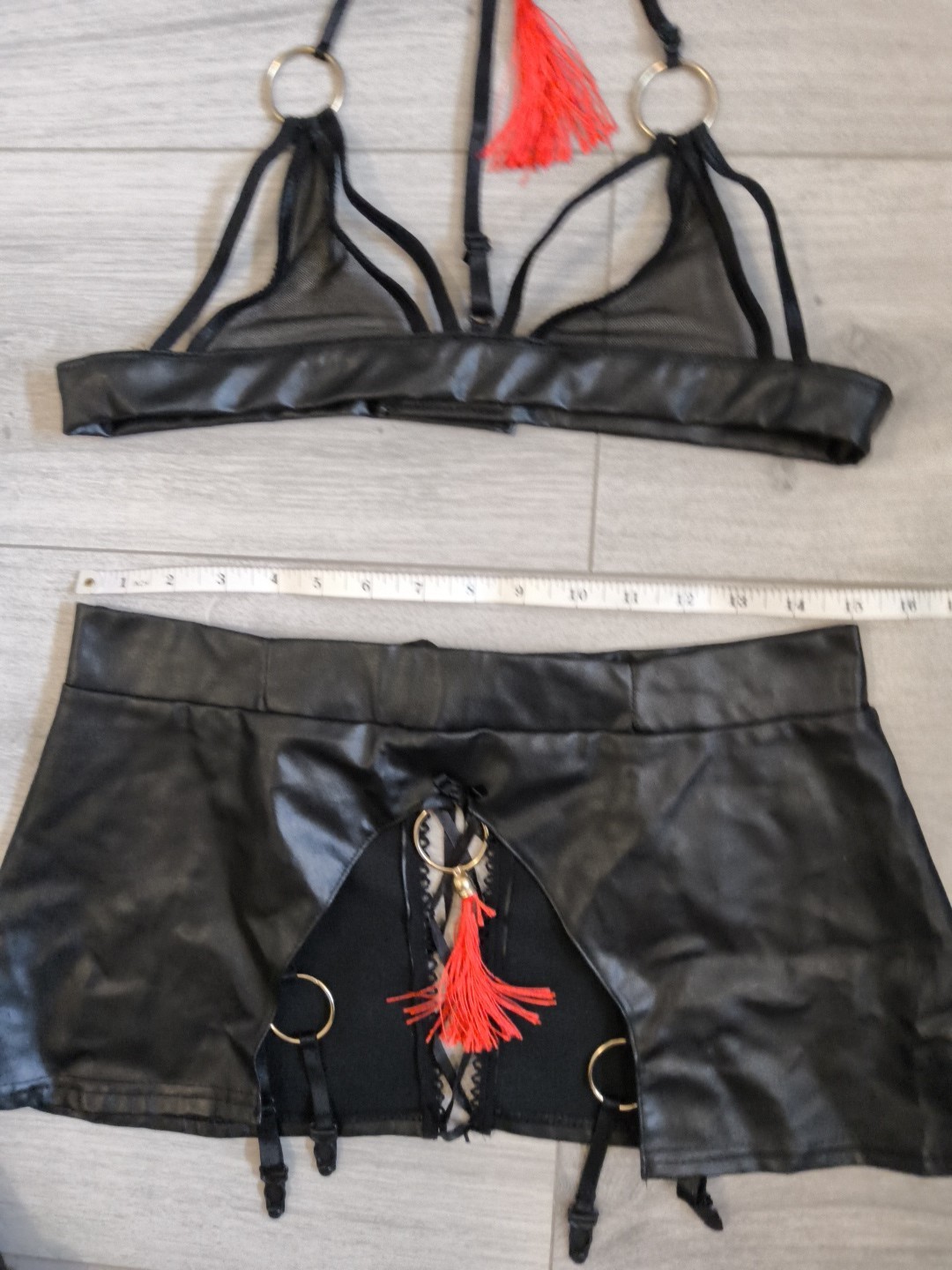 BNWOT Black PVC & Sheer Mesh Tassel Suspender Skirt & Bra Top Set Size 10-14