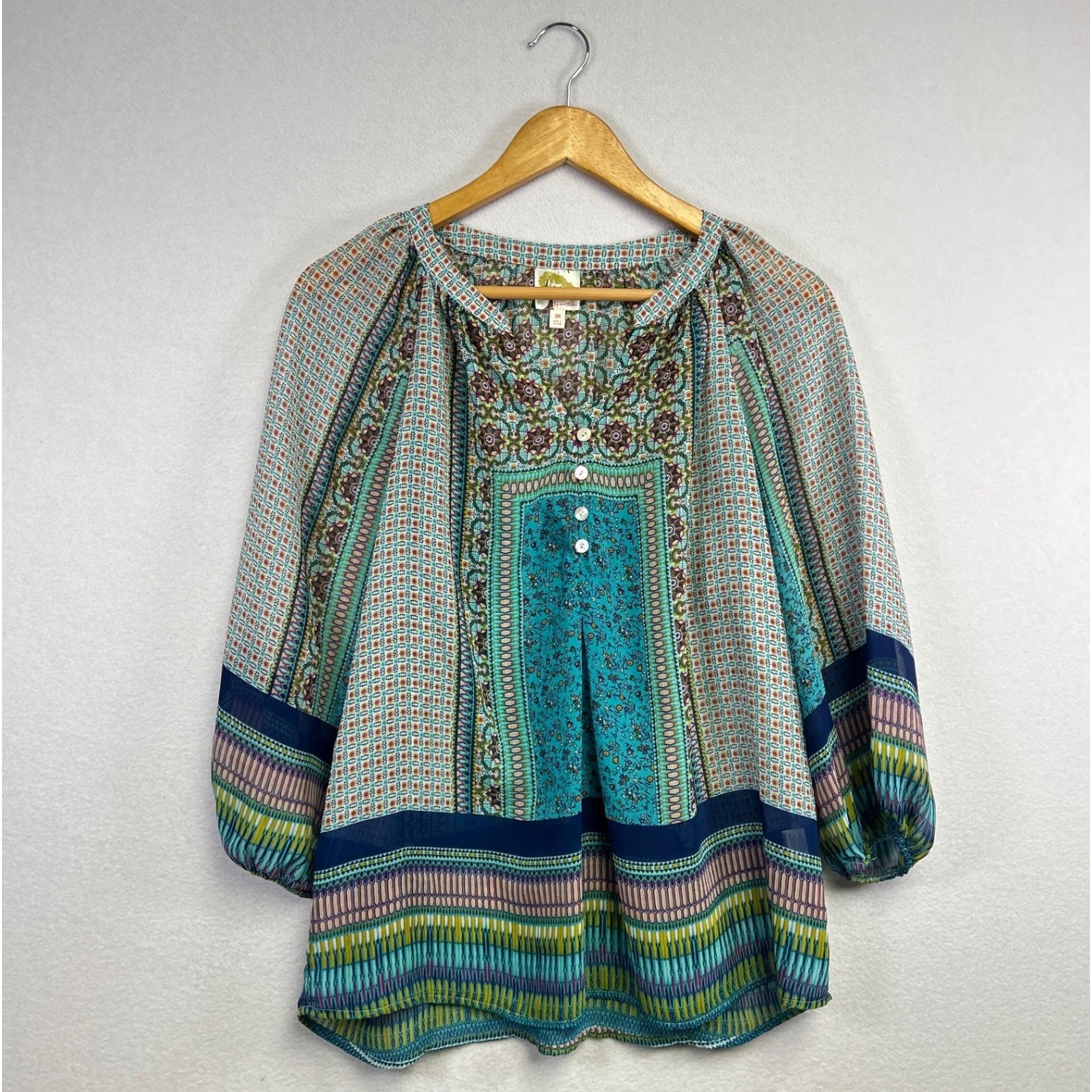 Fig and Flower Bohemian Patchwork Print Peasant Blouse Women’s Size Medium