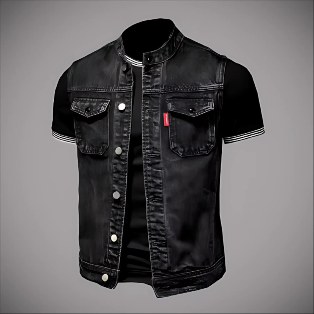 Men’s Thick Denim Motorcycle Vest with Band Collar