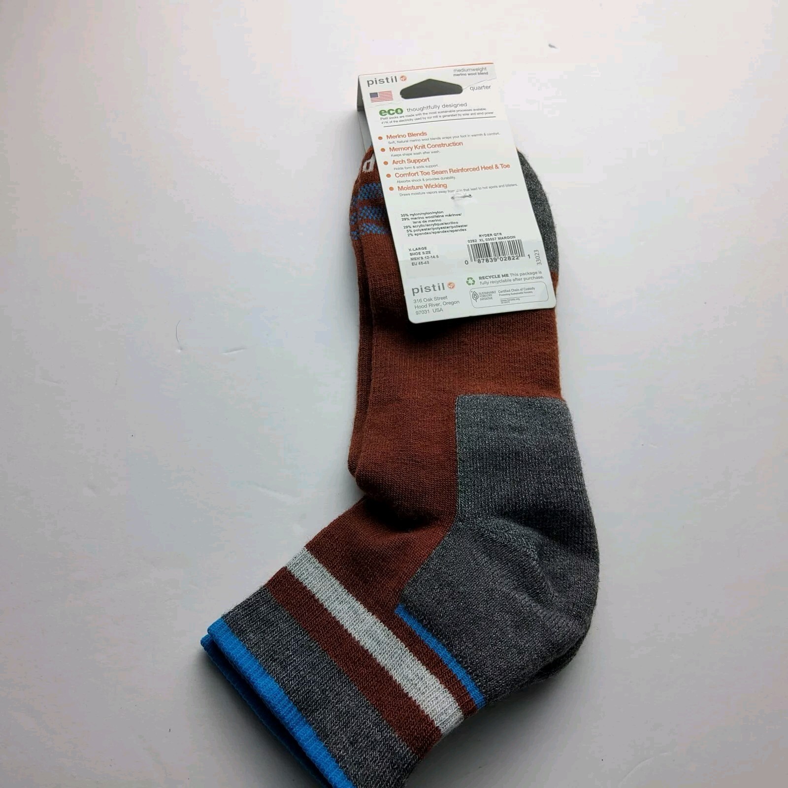 Pistil Men’s Wool Blend Ryder Quarter Socks Made In USA Size XL (12-14.5)