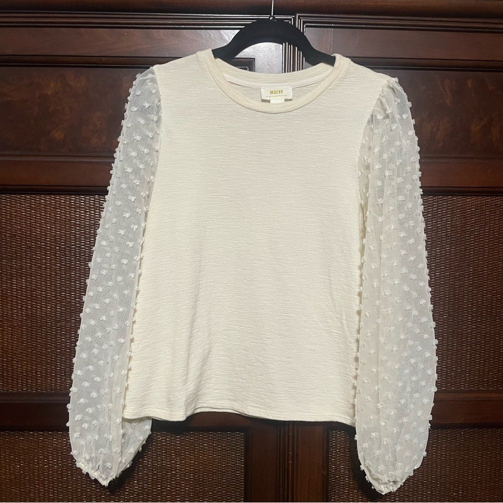 Anthropologie Maeve Textured Long Sleeves Ivory Top Blouse Size M Romantic