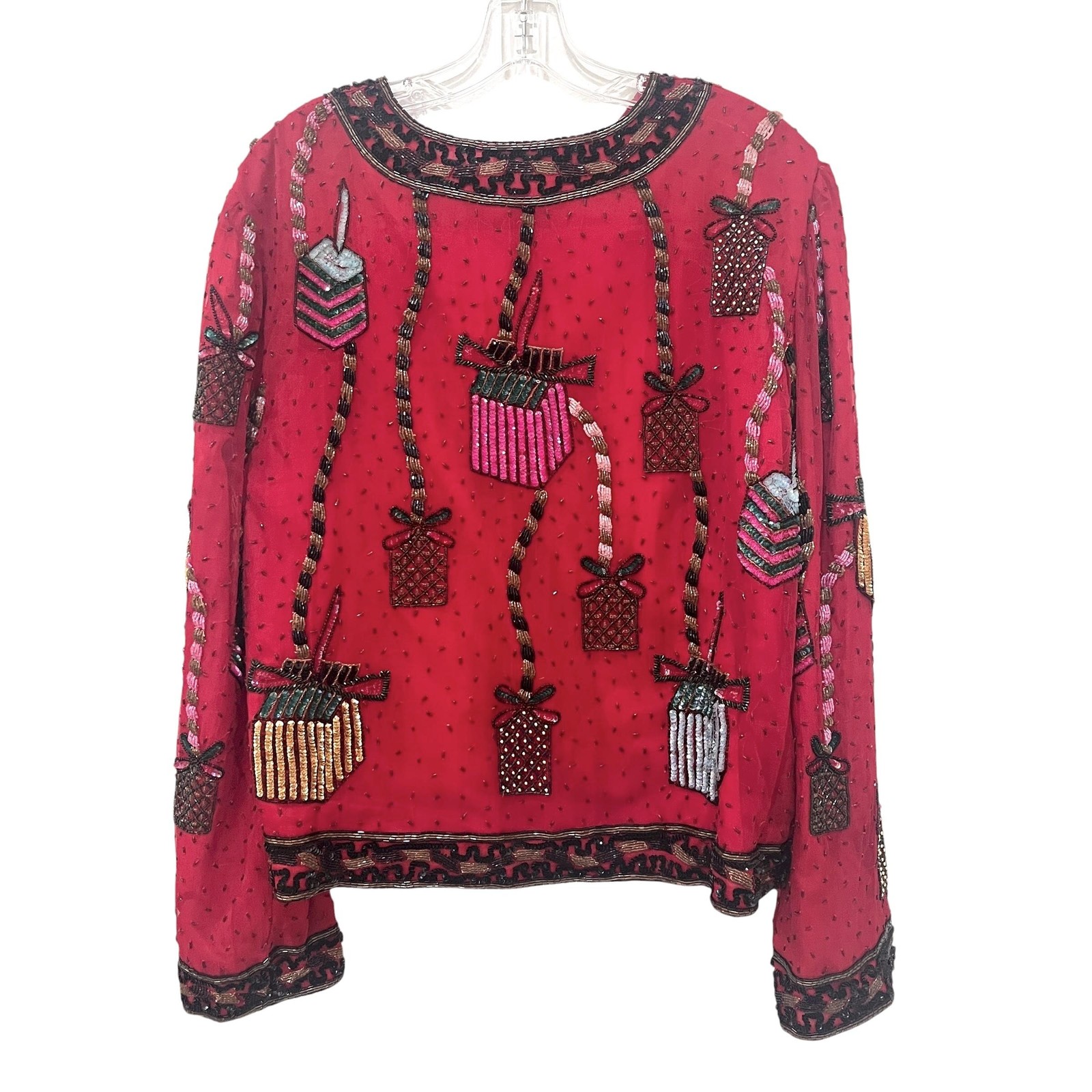 Vintage Scala Beaded Jacket Womens Red Sequin Holiday Party Gift Present L-XL