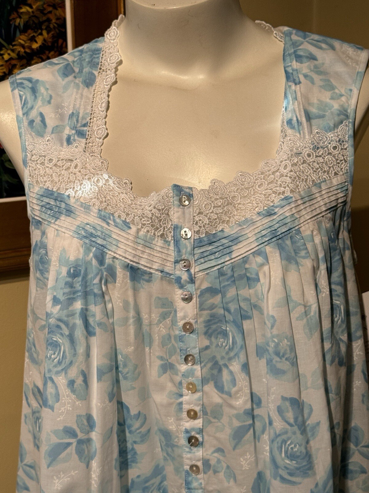 EILEEN WEST E5325037 AQUA ROSE SLEEVELESS COTTON LAWN CHEMISE NIGHTGOWN ~ MEDIUM