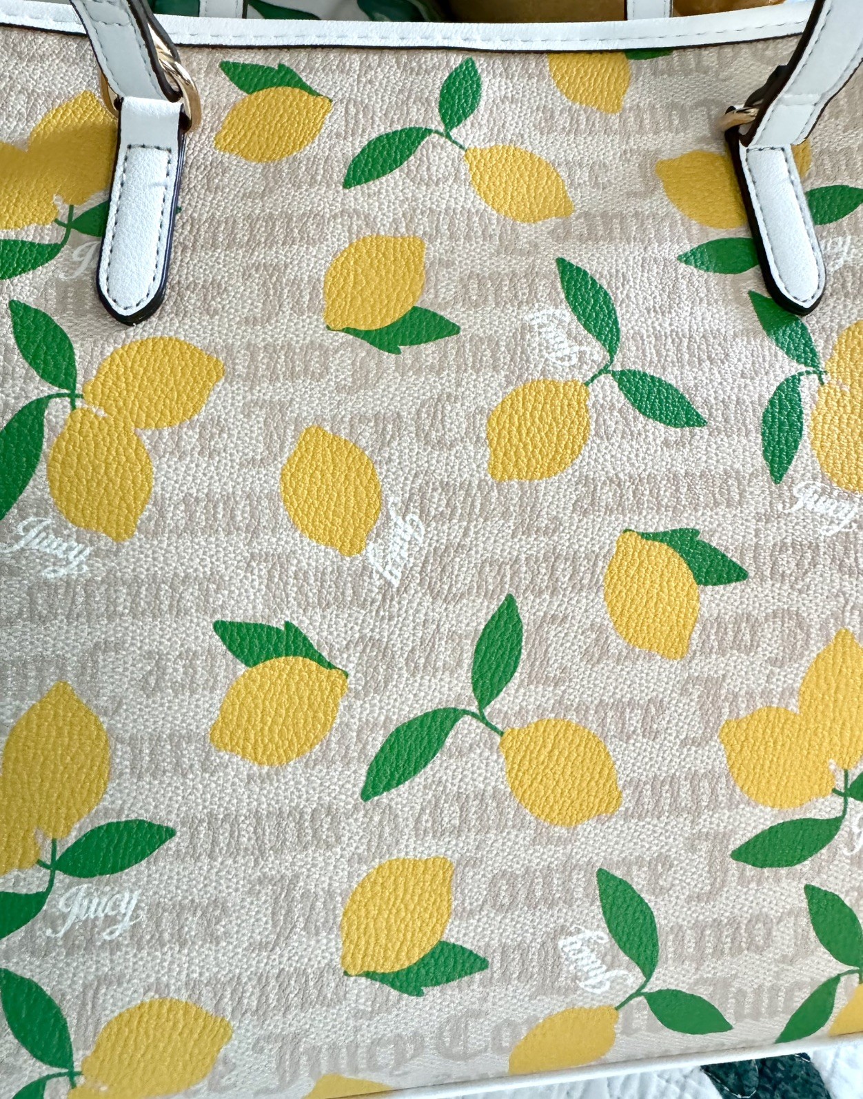 Juicy Couture Fruitful Lemon Tote Bag Sandstone White Monogram Wallet Charm NWT