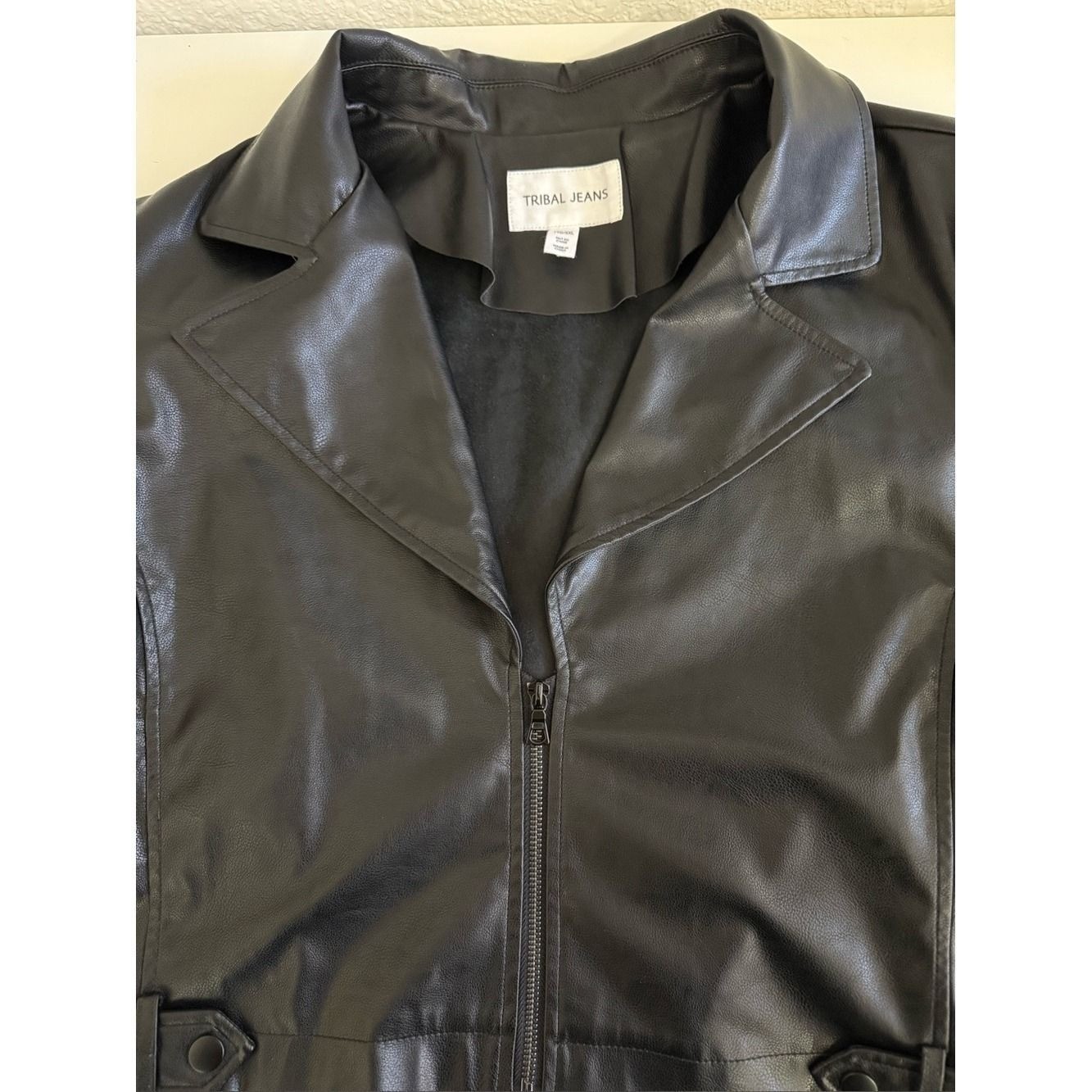 Tribal Jeans Faux Leather Moto Jacket | Black | Soft Vegan Leather | TTG/XXL