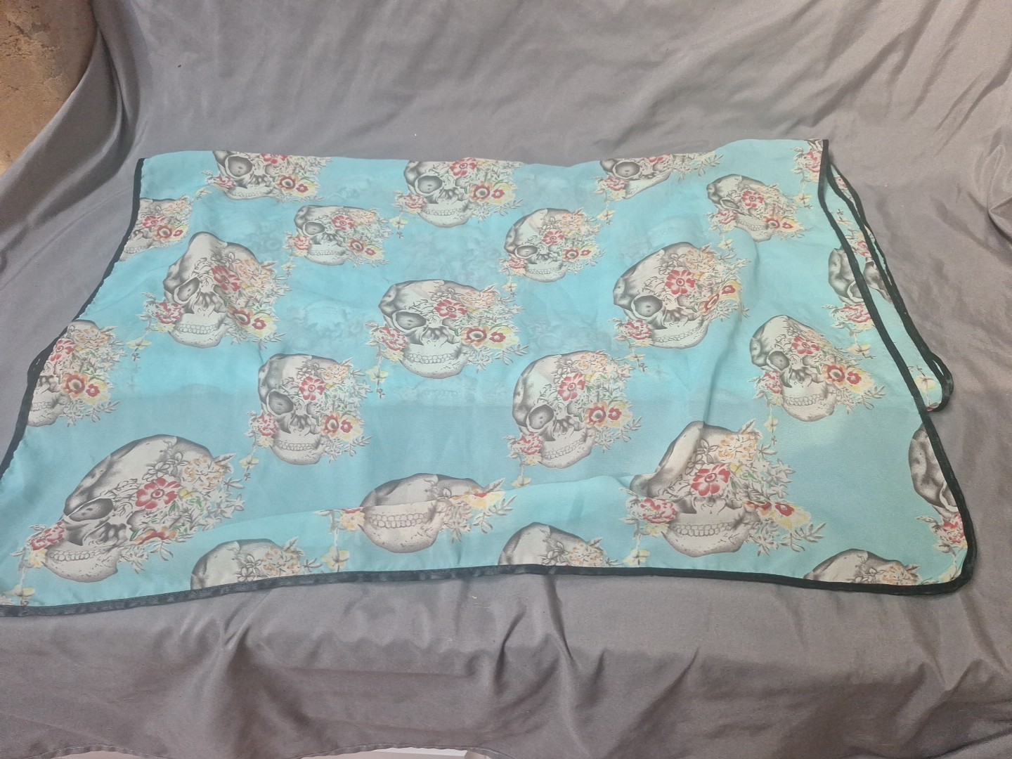 Large Silk Skull Skeleton Scarf Blue Floral 64 x 26 Inches