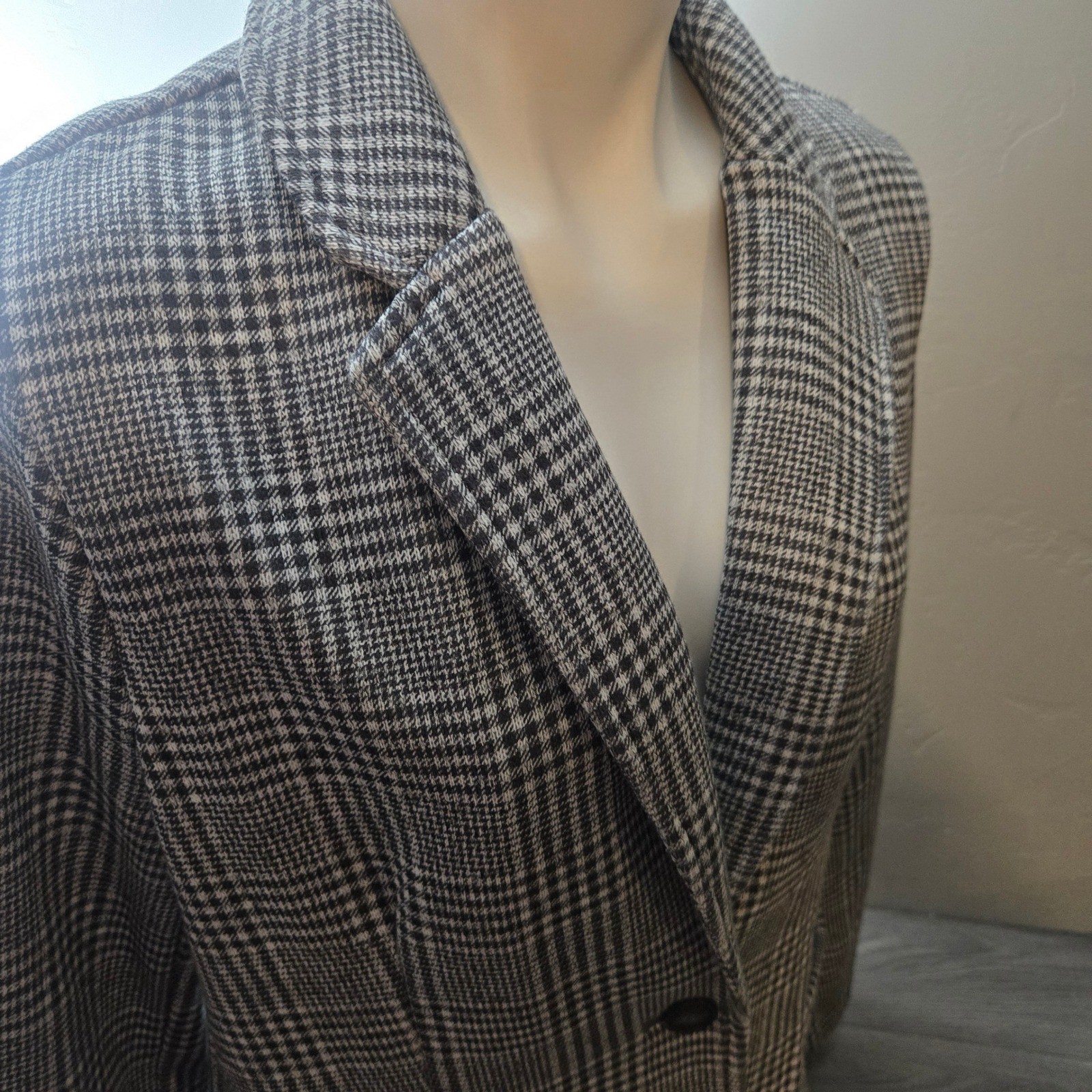Lands’ End Black White Knit Blazer Size L Glen Plaid Single Button Fleece Lined