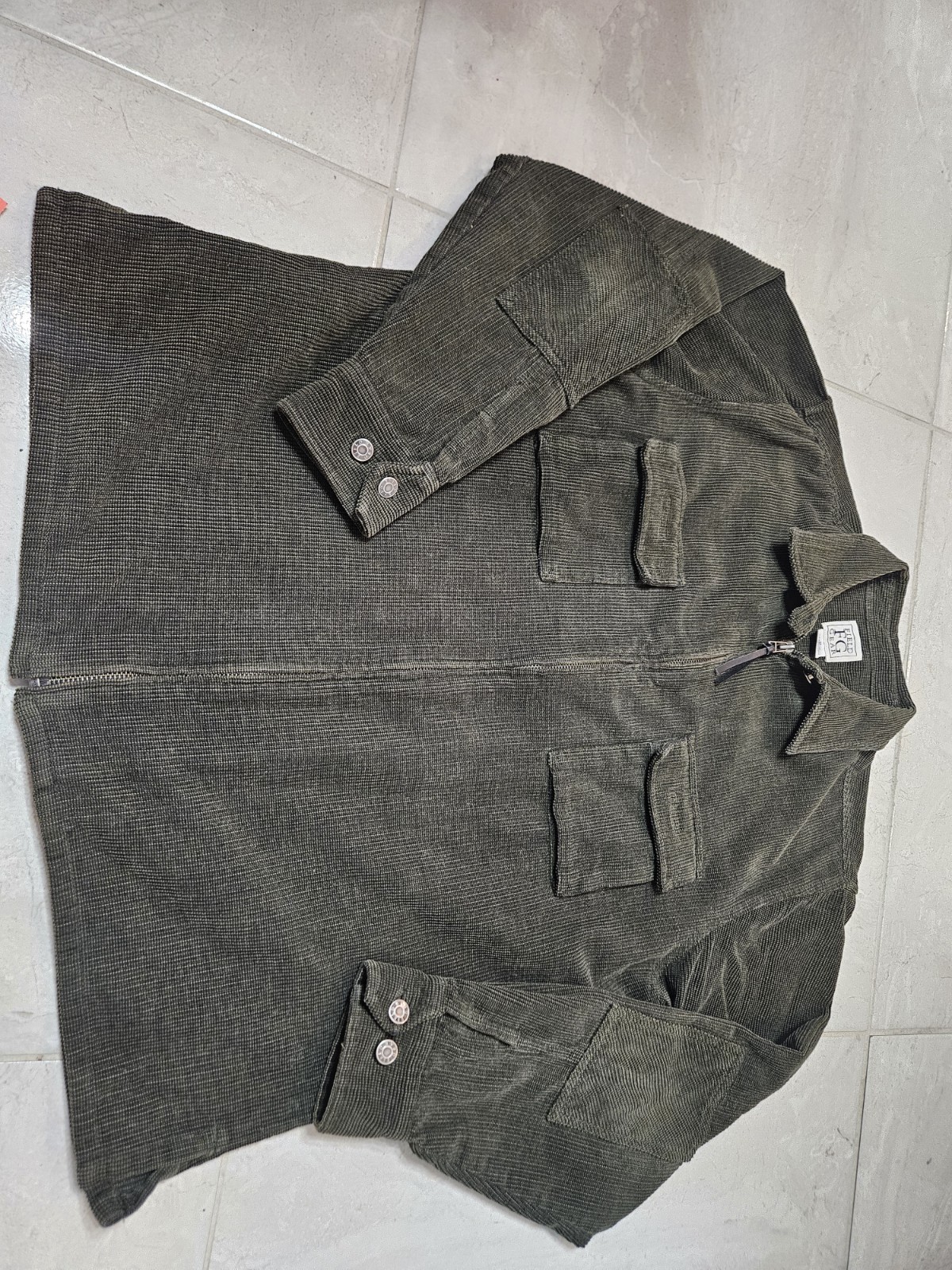 Field Gear,YKK corduroy Olive Green unlined jacket zip front,elbow patch