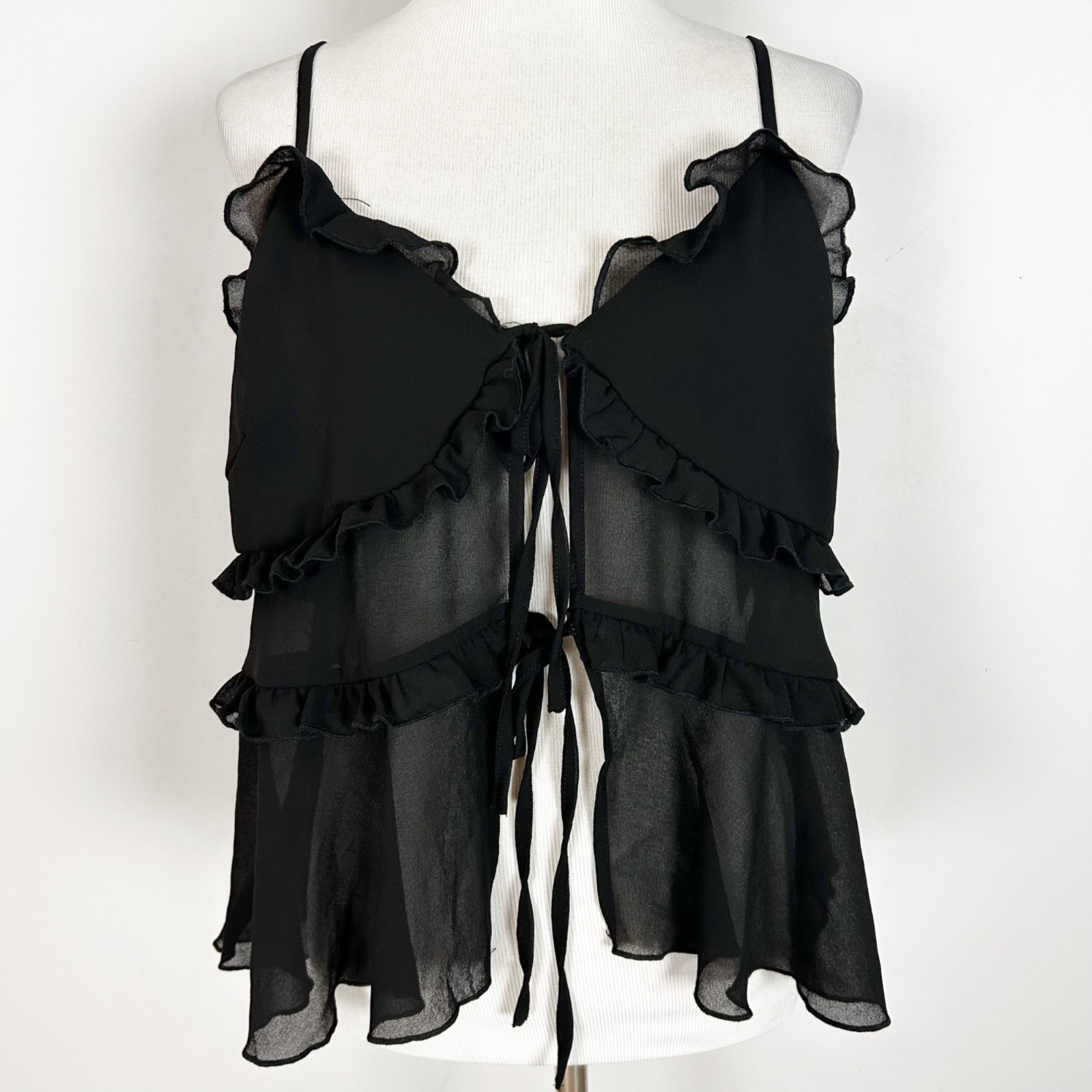 Women’s Black Semi-sheer Cami Tank Top Flowy Ruffles Swing Size 1XL