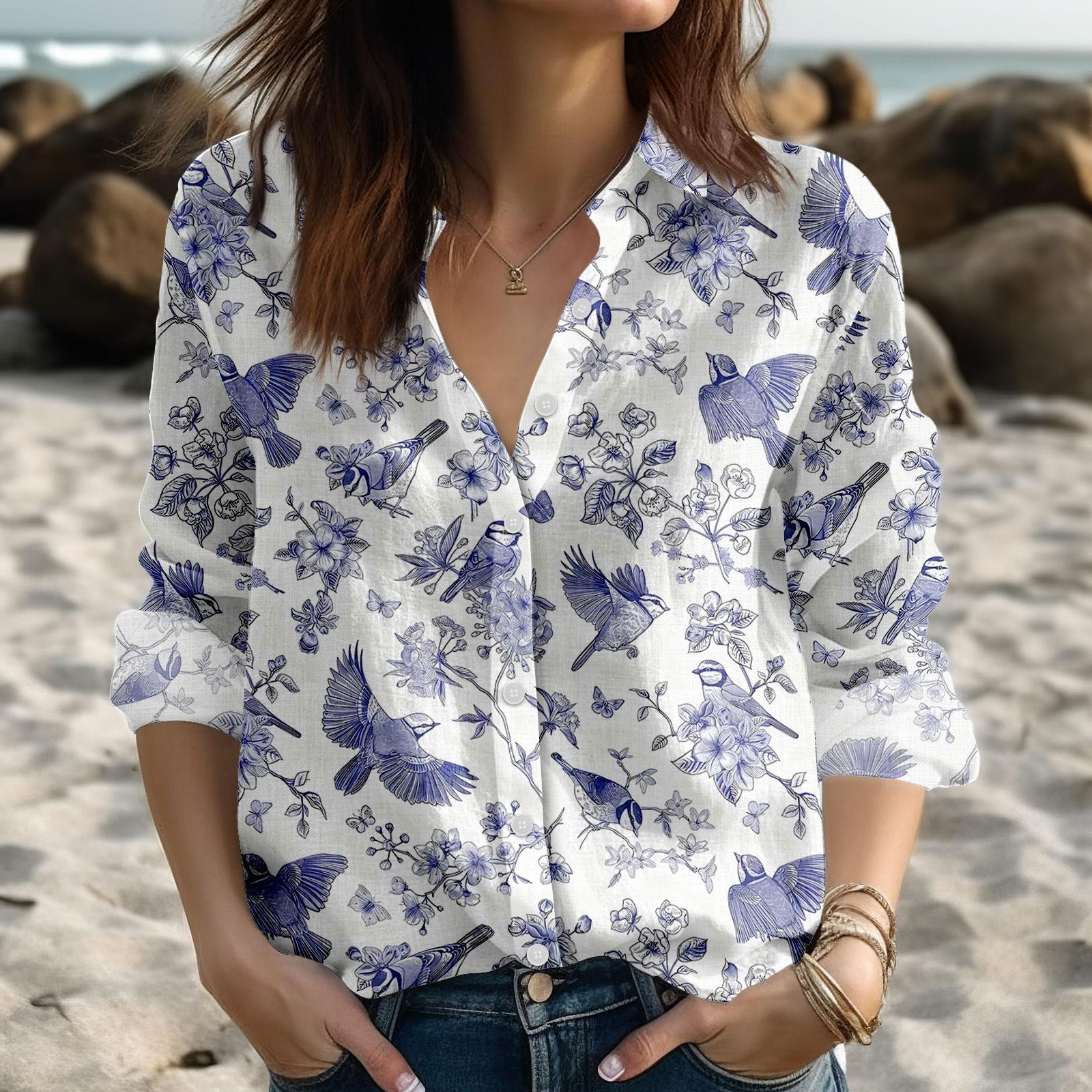 Bird Floral Blouse Shirt Cottagecore Women Shirt
