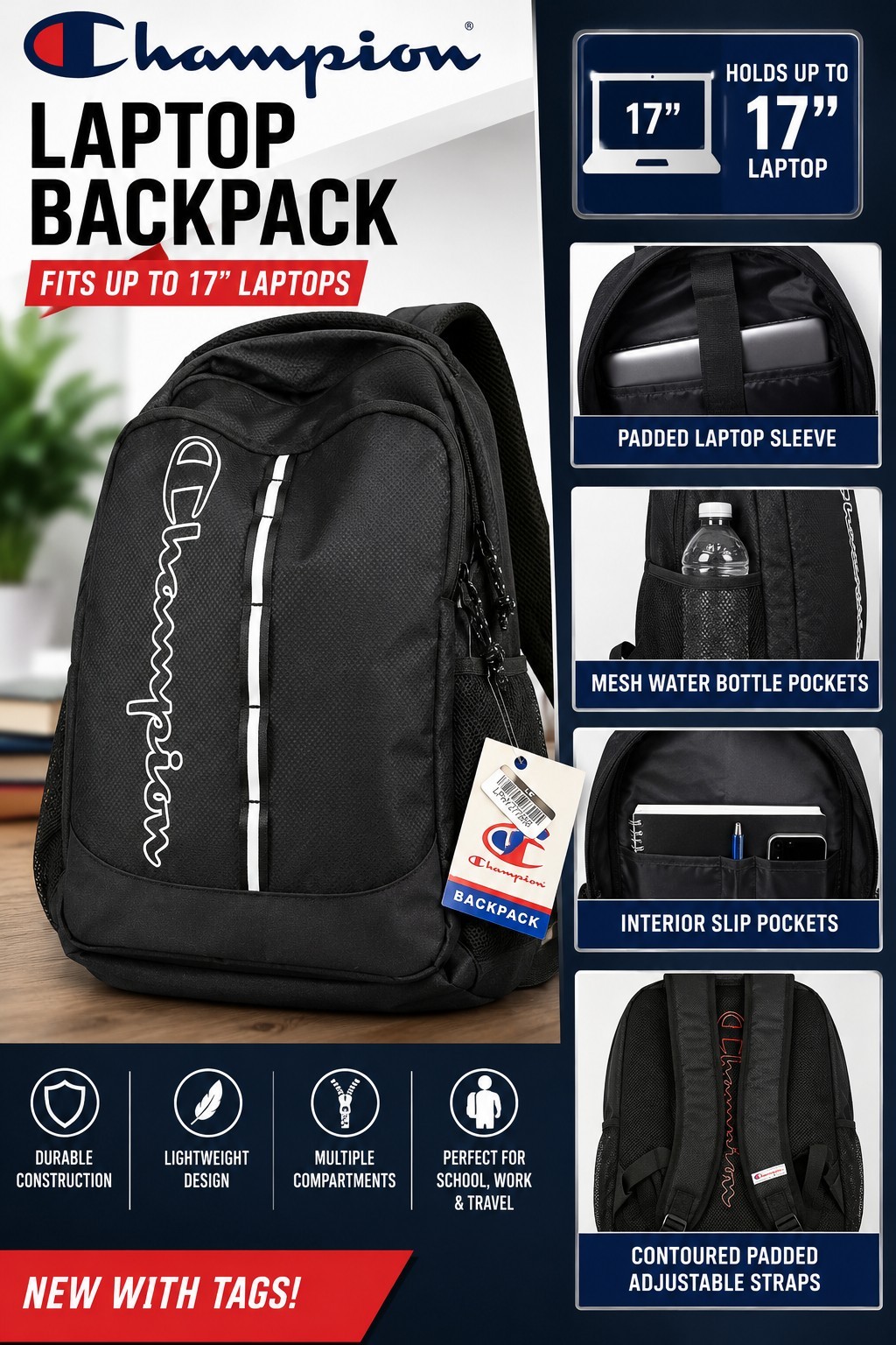 NWT Champion Black Laptop Backpack Fits 17″ Laptop School Travel Book Bag New
