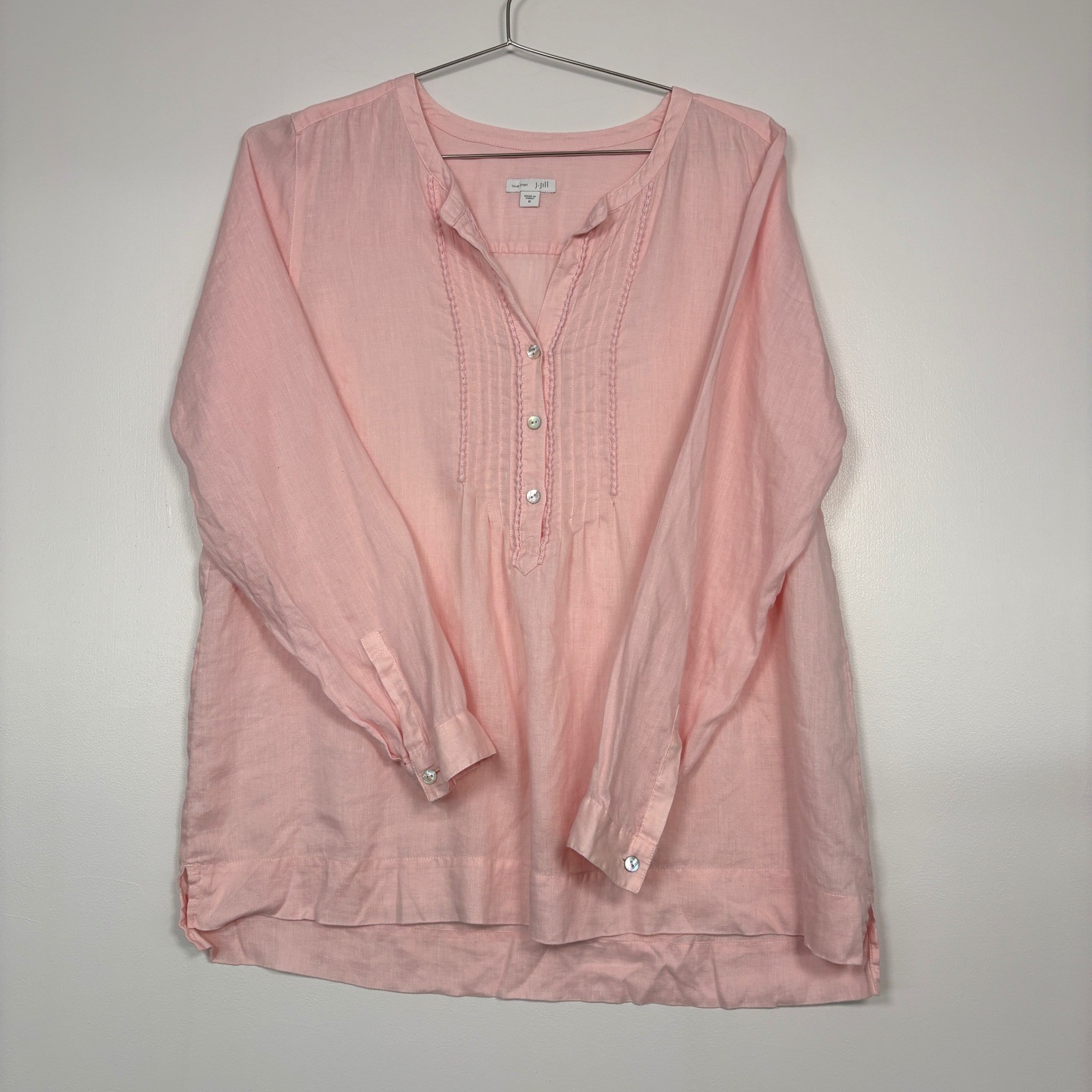 J. Jill Women Tunic Top Sz M Pink Love Linen Pintuck LongSleeve Blouse Feminine
