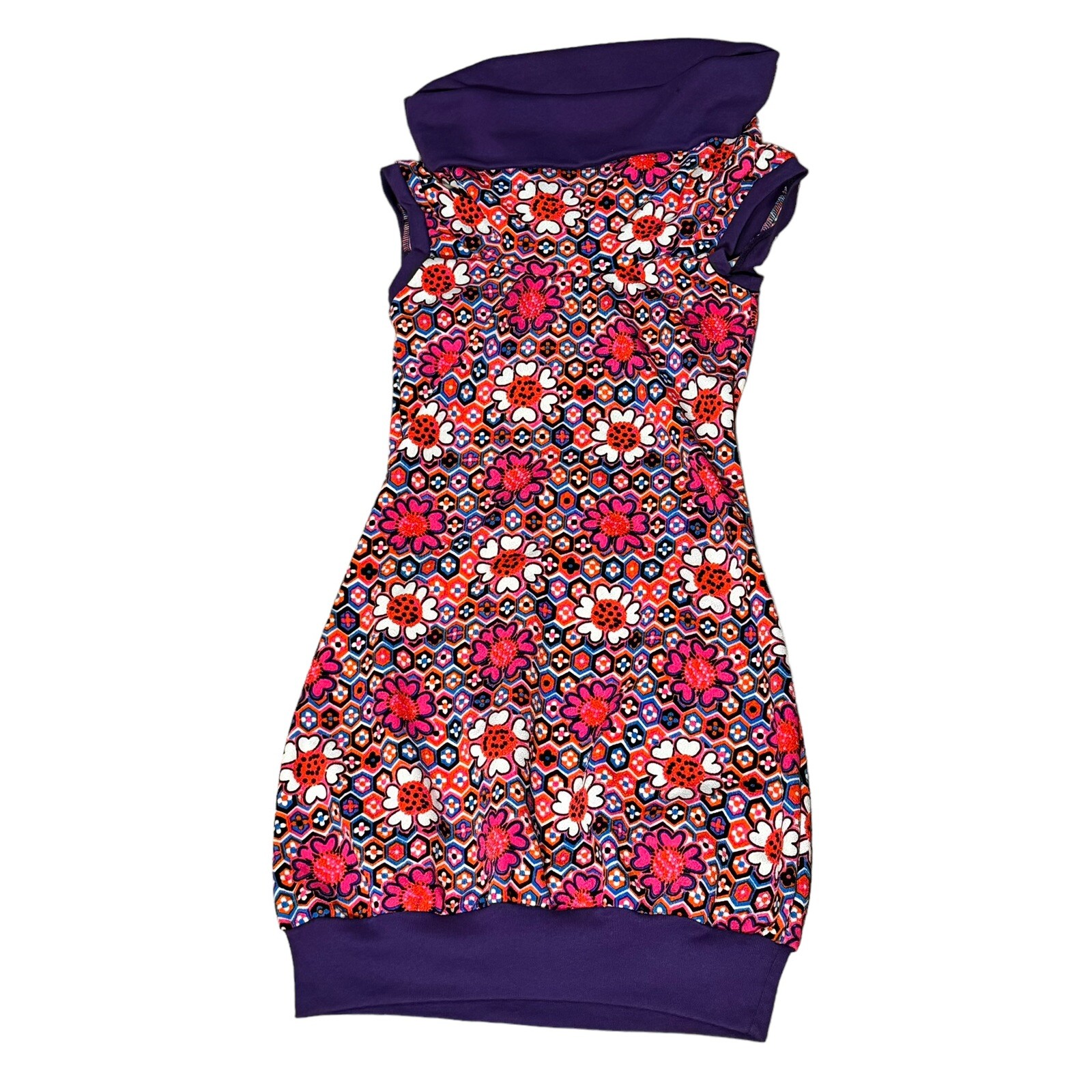 Vintage 60s 70s Psychedelic Floral Cowl Neck Sleeveless Dress Purple Pink