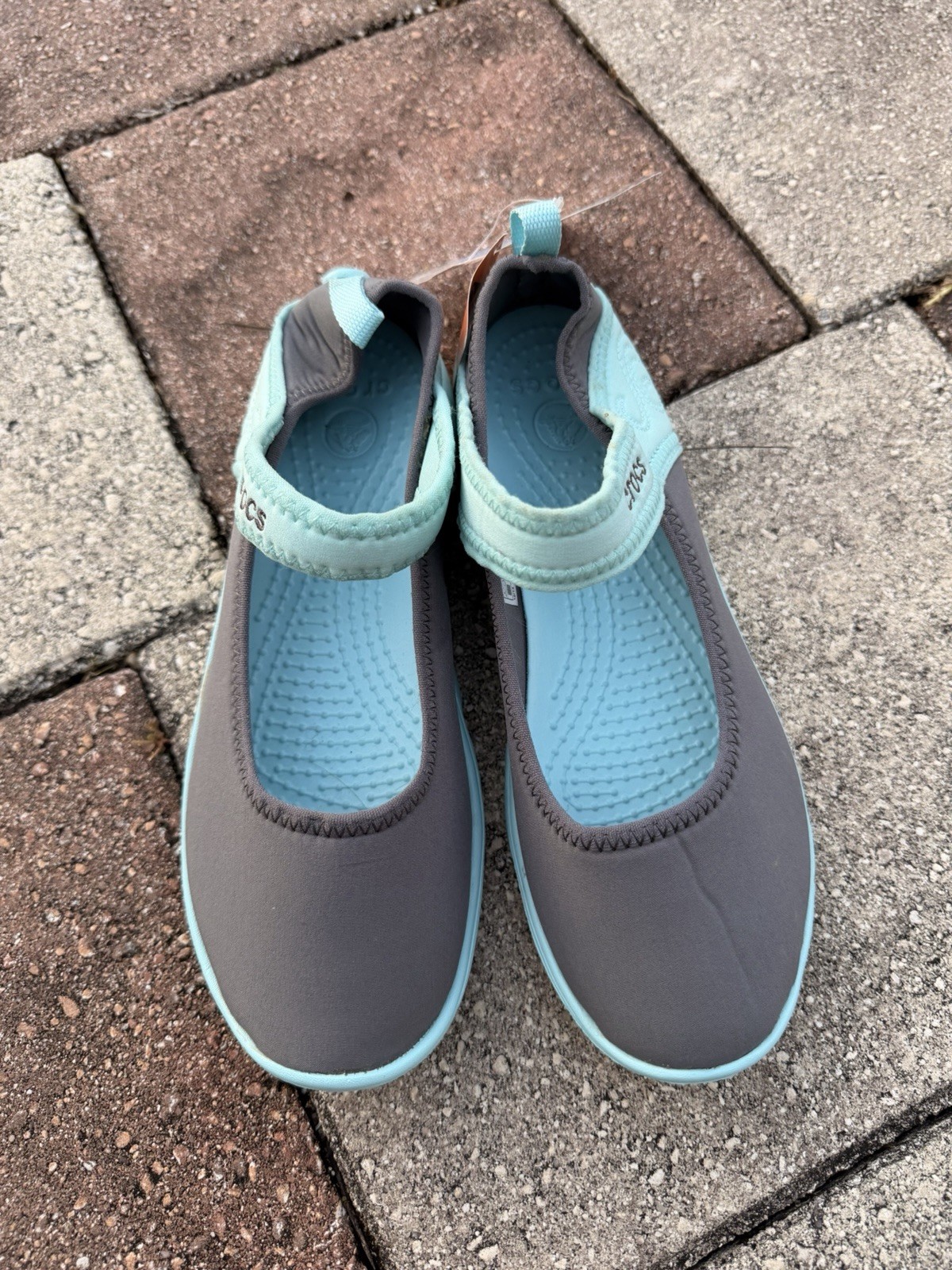 Crocs Women’s Mary Jane Flat Gray/Blue Neoprene Slip-On Strap Round Toe 3M