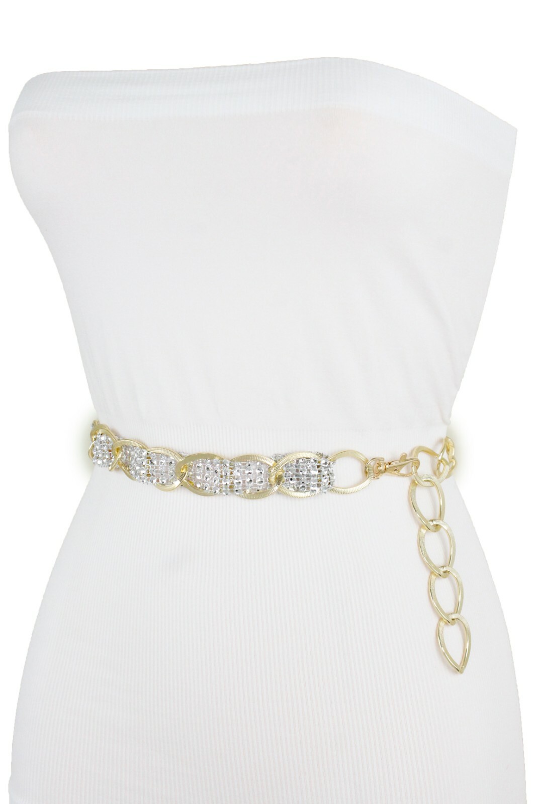 Women Gold Color Metal Chain Fashion Belt Silver Mesh Fabric Bling Beads XS S M
