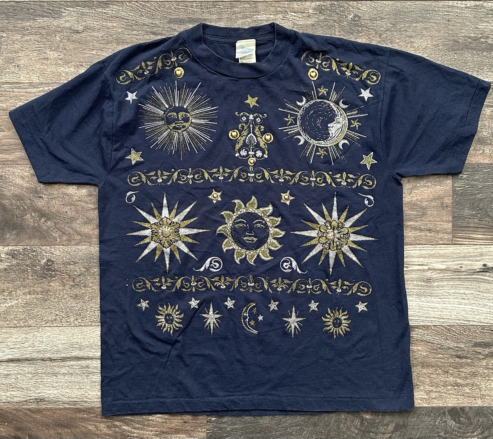 Vtg 90s BRUSH WORKS Celestial Sun Moon Stars Hand-Painted OS T-Shirt Whimsigoth