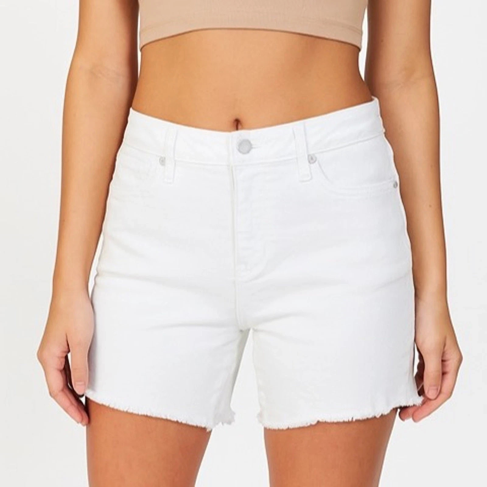 Seven7 Women’s 5″ Fray Hem Mid Rise Comfortable Denim Weekend Short Off White 16