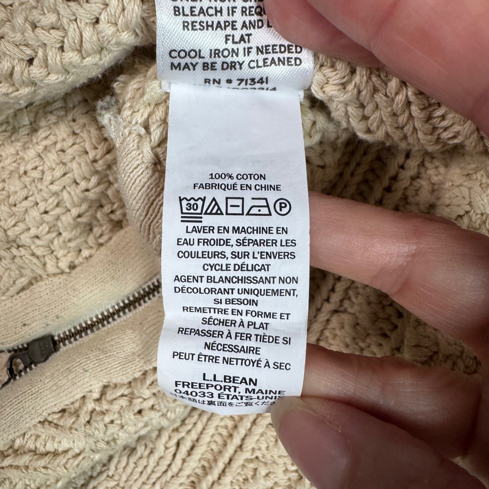 LL Bean Signature Women’s M Cream 100% Cotton Cable Knit Side Zip Sweater S
