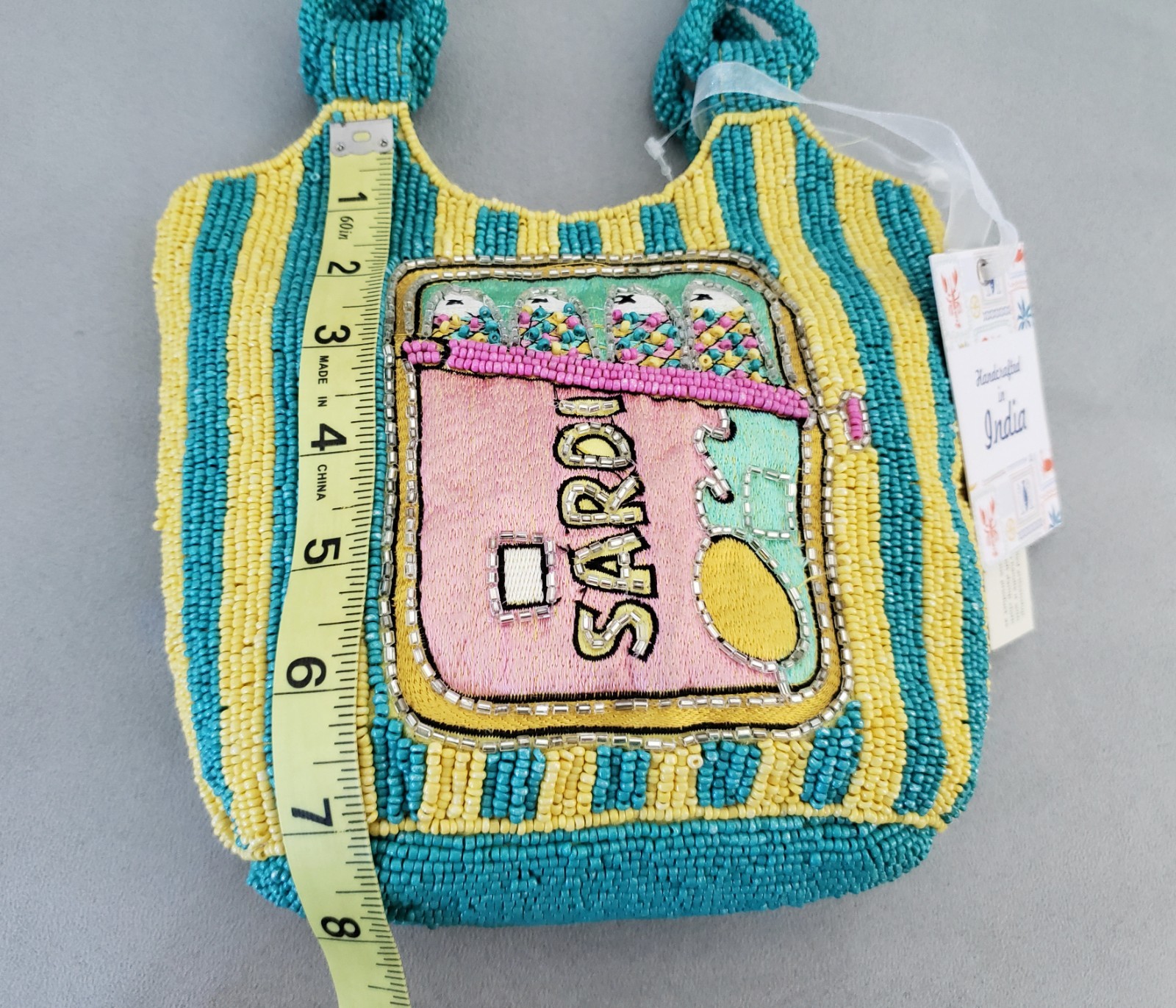 Sardines In A Can Beaded Bag Striped Yellow Teal Pink Fish Handcrafted in India